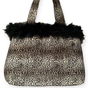 Leopard Print Tote Bag Purse Small Faix Fur Shoulder Bag Feather Fringe